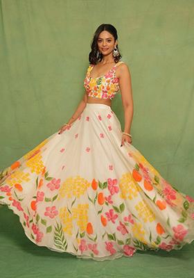 Off White Printed Silk Blend Lehenga Set