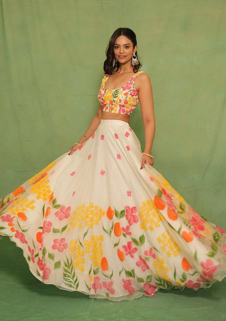 Off White Printed Silk Lehenga Set