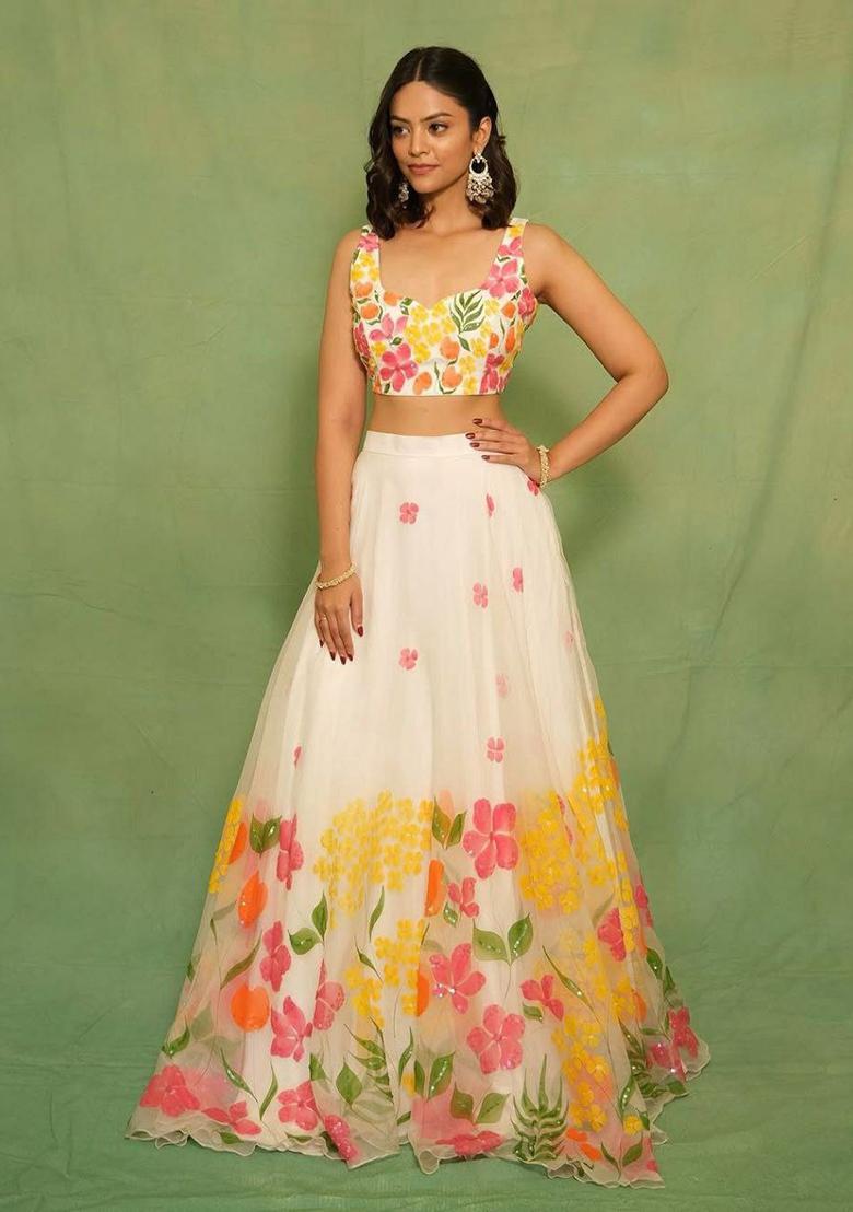Off White Printed Silk Lehenga Set