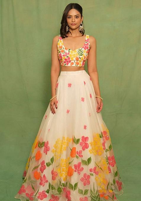 Off White Printed Silk Lehenga Set