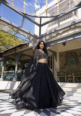 Black Solid Satin Lehenga Set