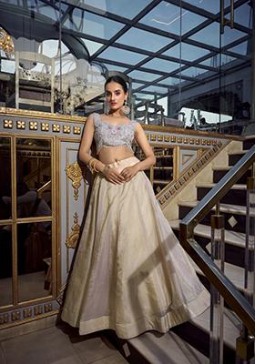 Cream Solid Silk Lehenga Set