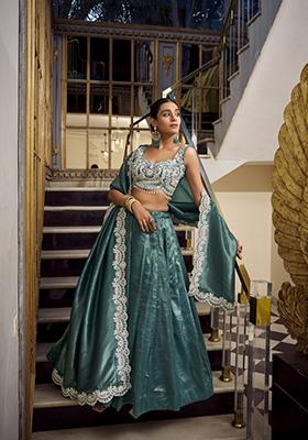 Teal Blue Solid Silk Lehenga Set