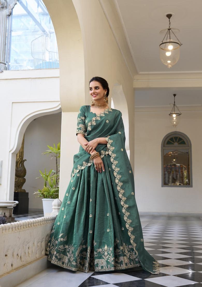 Teal Blue Embroidered Silk Lehenga Set
