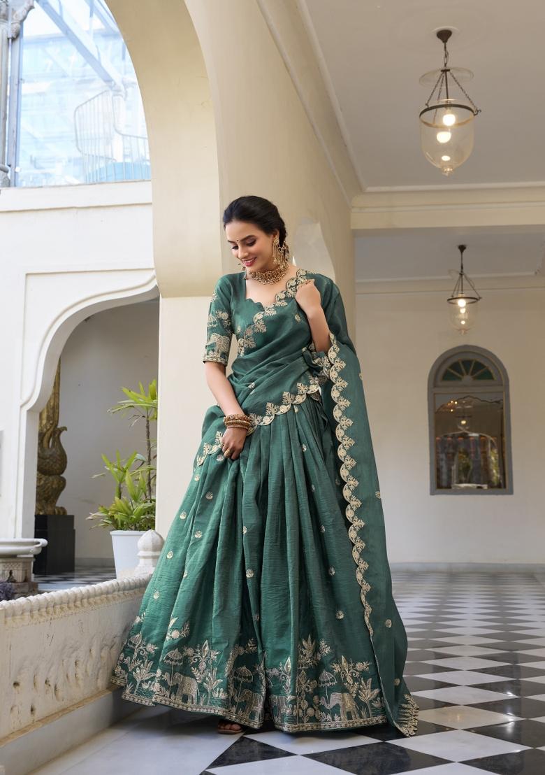 Teal Blue Embroidered Silk Lehenga Set