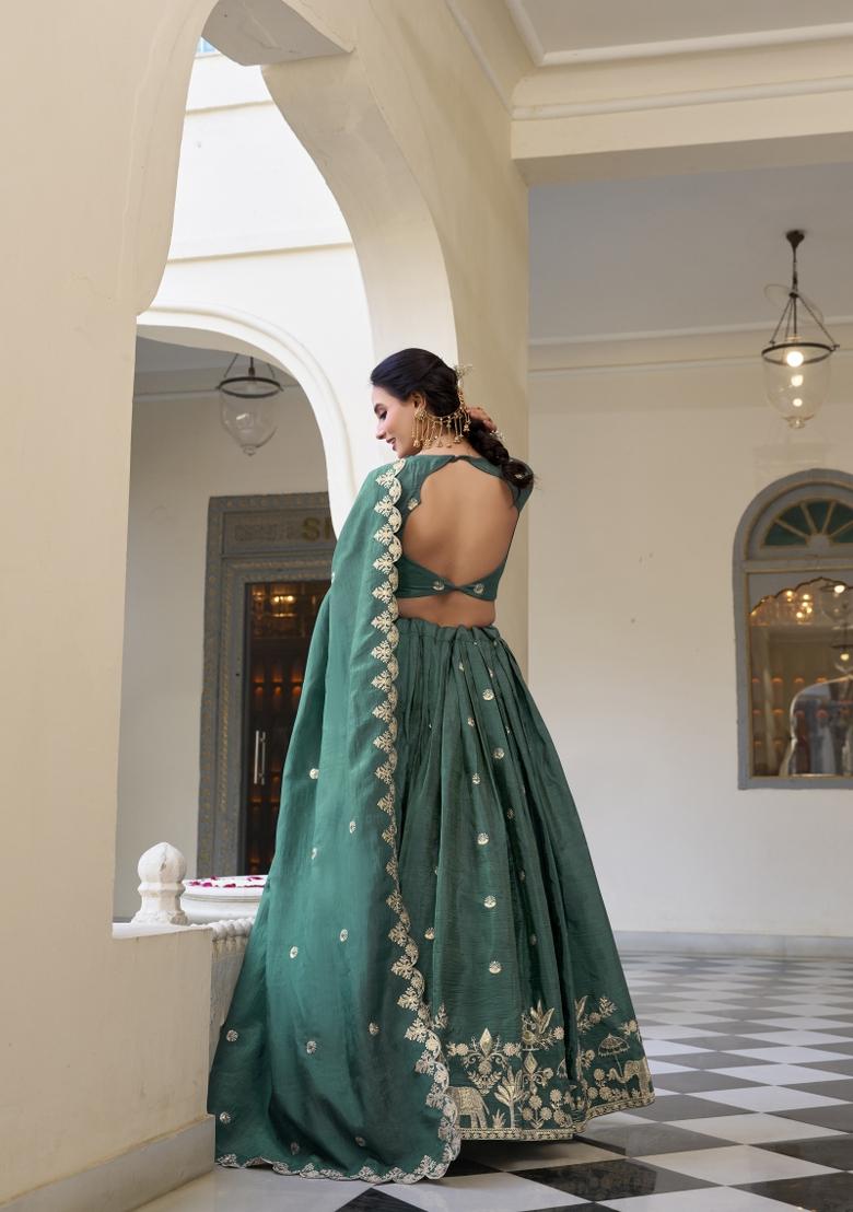 Teal Blue Embroidered Silk Lehenga Set