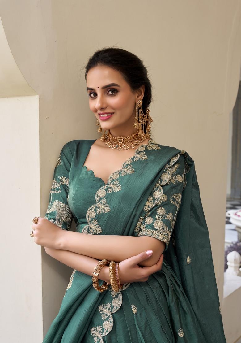 Teal Blue Embroidered Silk Lehenga Set