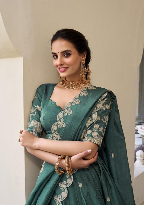 Teal Blue Embroidered Silk Lehenga Set