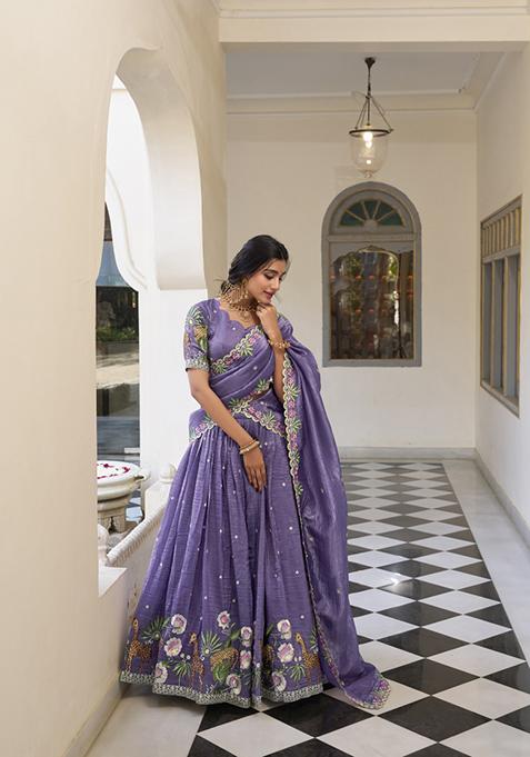 Lavender Embroidered Silk Lehenga Set