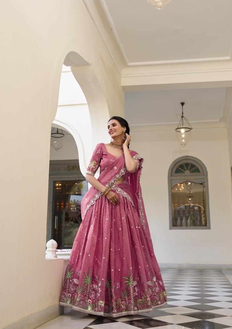 Pink Embroidered Silk Lehenga Set