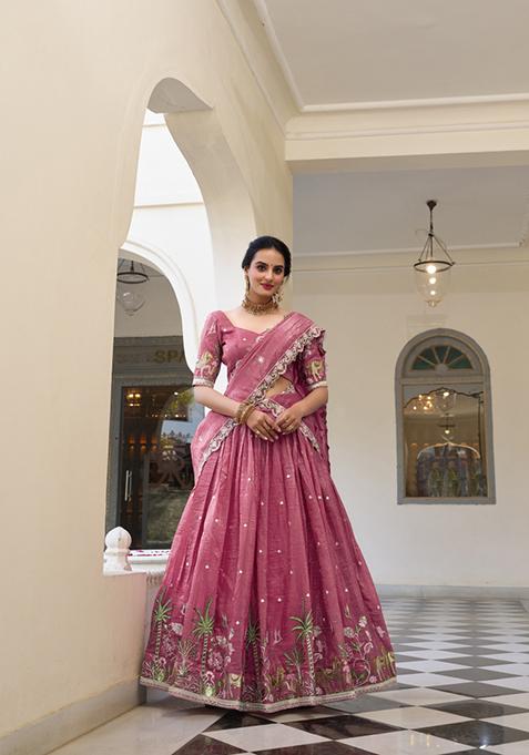 Pink Embroidered Silk Lehenga Set