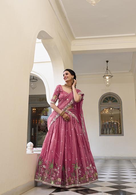 Pink Embroidered Silk Lehenga Set