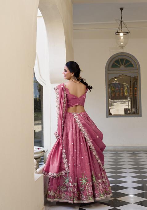Pink Embroidered Silk Lehenga Set