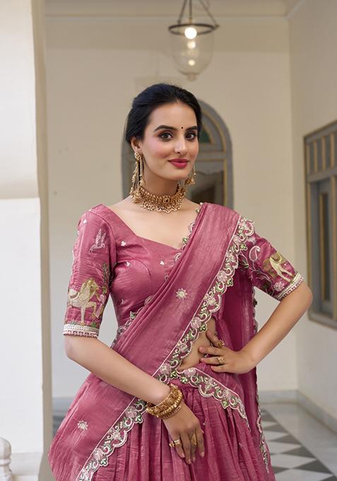 Pink Embroidered Silk Lehenga Set