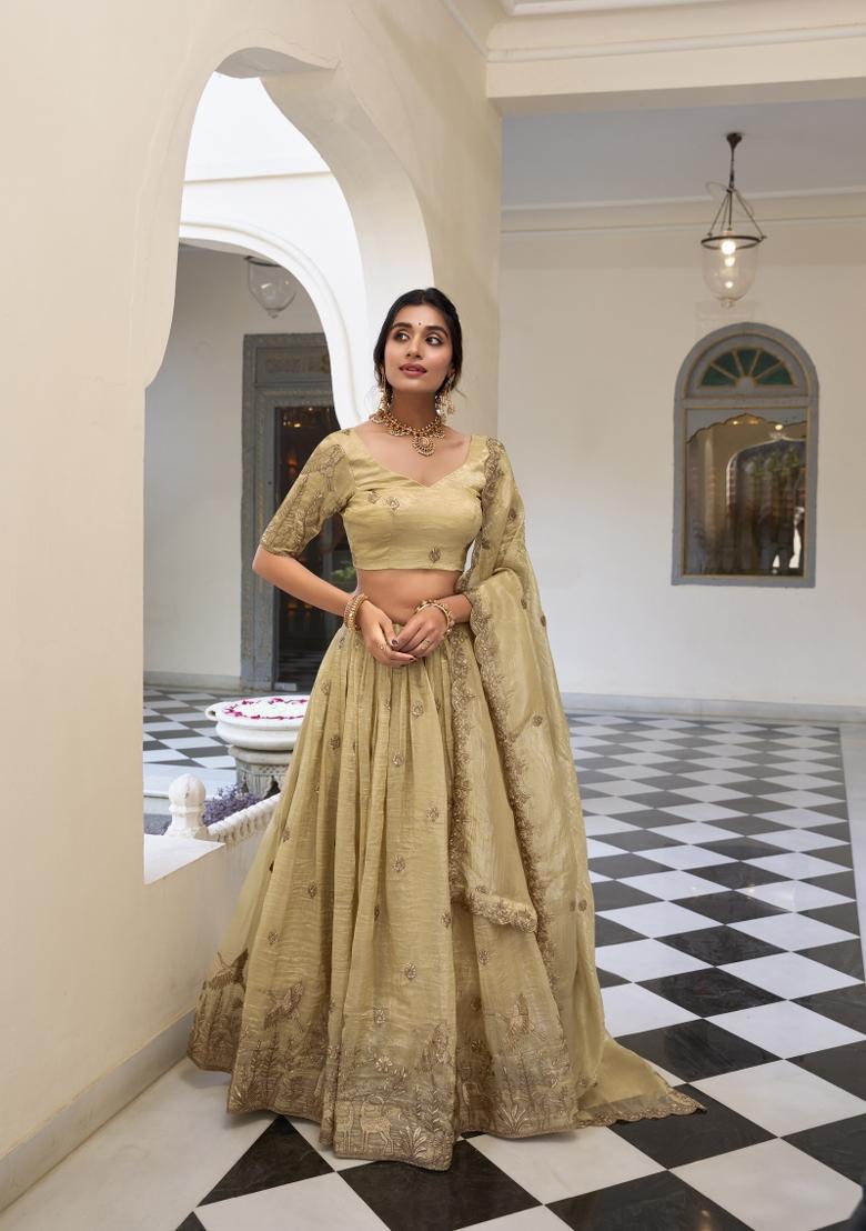 Off White Embroidered Silk Lehenga Set