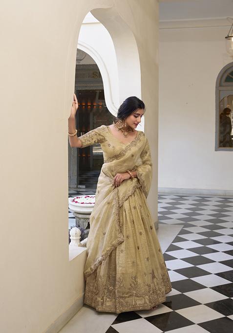 Off White Embroidered Silk Lehenga Set