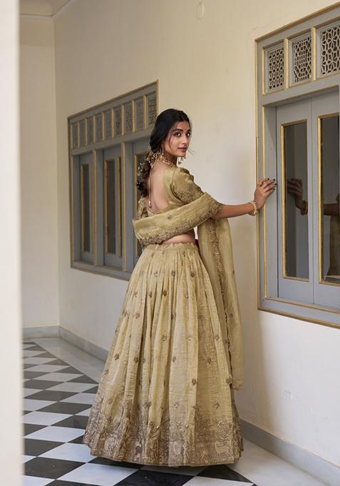 Off White Embroidered Silk Lehenga Set