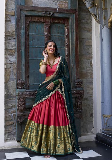 Red Zari Embroidered Poly Blend Lehenga Set