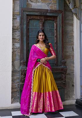 Mustard Yellow Zari Embroidered Poly Blend Lehenga Set