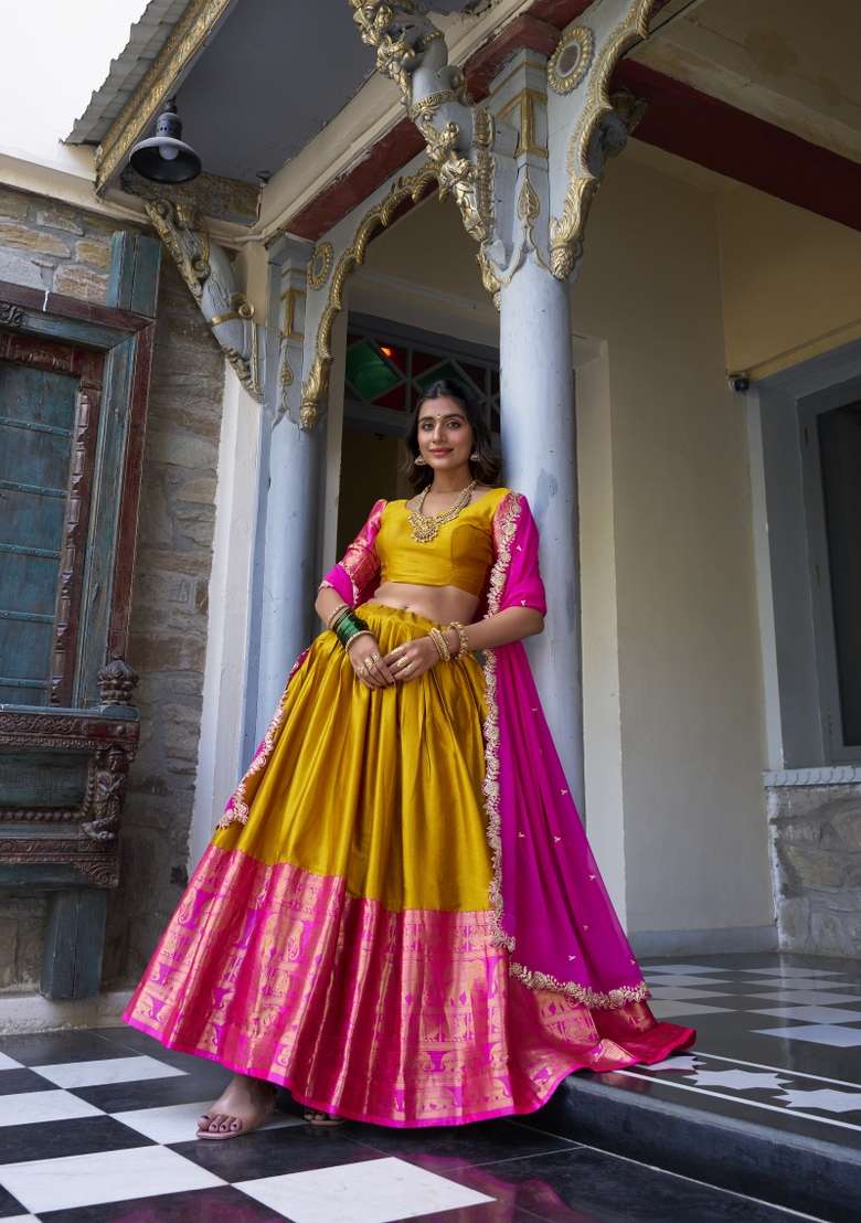 Mustard Yellow Zari Embroidered Poly Blend Lehenga Set - Indya