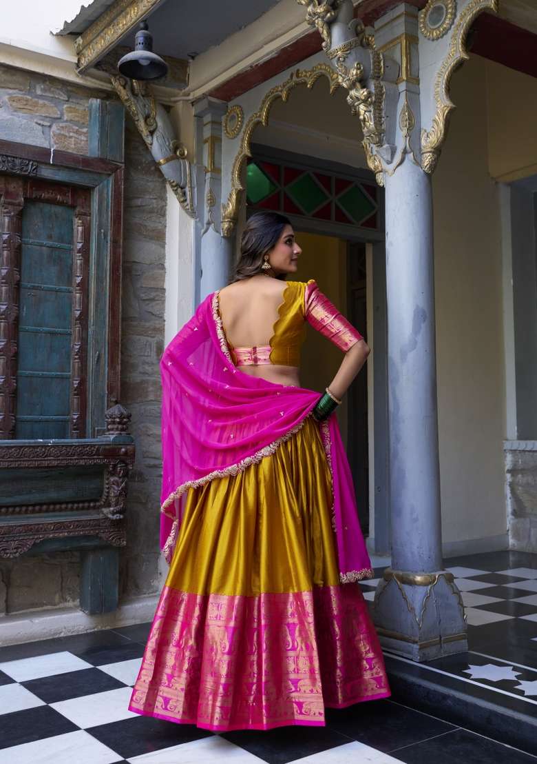 Mustard Yellow Zari Embroidered Poly Blend Lehenga Set - Indya