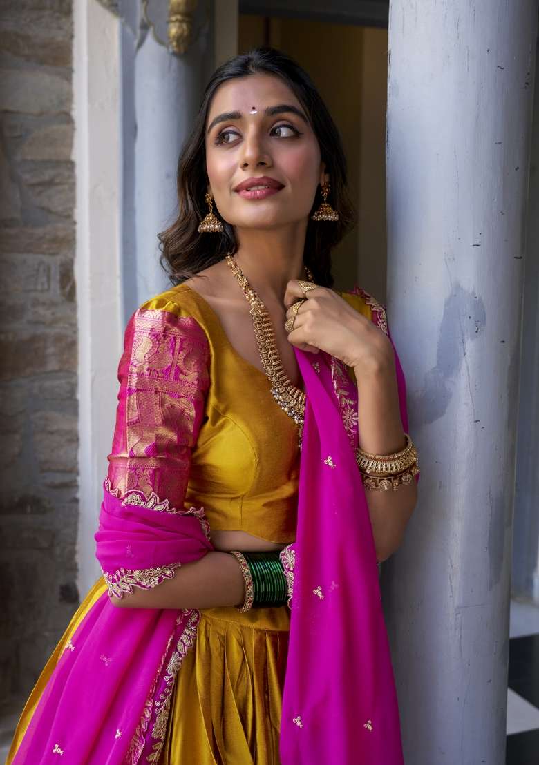 Mustard Yellow Zari Embroidered Poly Blend Lehenga Set - Indya