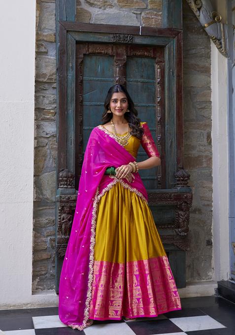 Mustard Yellow Zari Embroidered Poly Blend Lehenga Set
