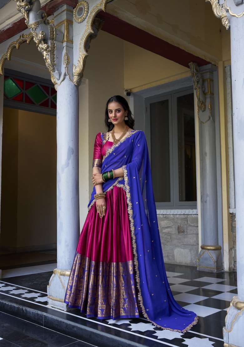 Pink Zari Embroidered Poly Blend Lehenga Set - Indya