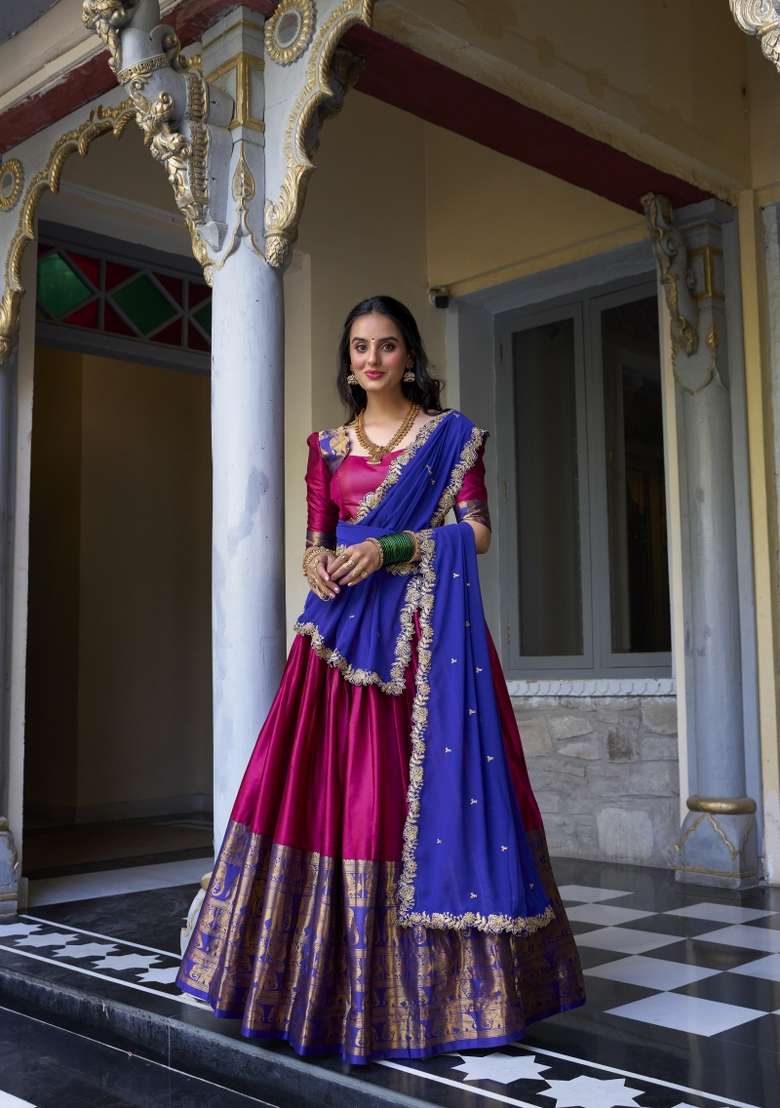 Pink Zari Embroidered Poly Blend Lehenga Set - Indya