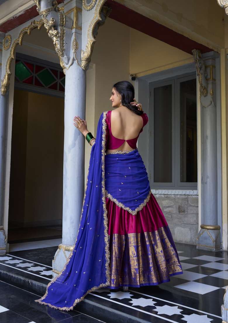 Pink Zari Embroidered Poly Blend Lehenga Set - Indya