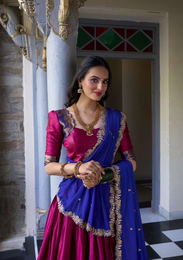 Pink Zari Embroidered Poly Blend Lehenga Set - Indya