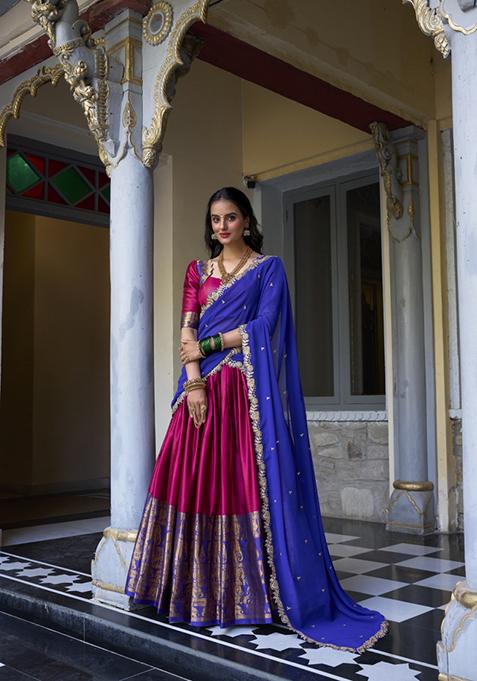 Pink Zari Embroidered Poly Blend Lehenga Set