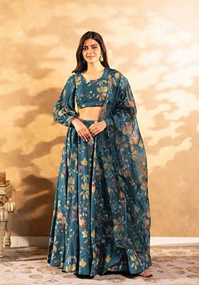Teal Embroidered Chinon Lehenga Set