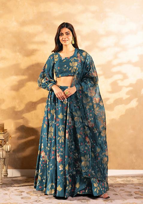 Teal Embroidered Chinon Lehenga Set