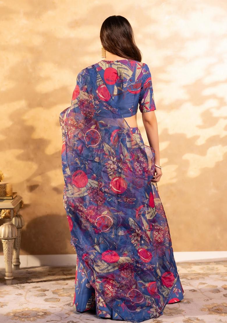 Blue Embroidered Chinon Lehenga Set