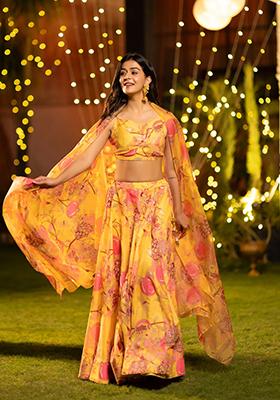 Orange Embroidered Chinon Lehenga Set