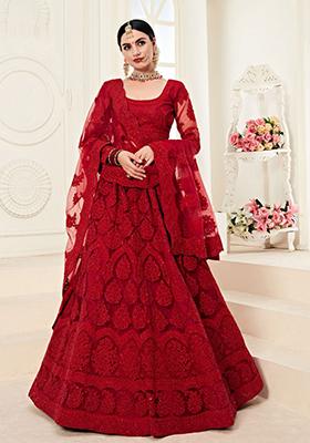 Maroon Embroidered Net Lehenga Set