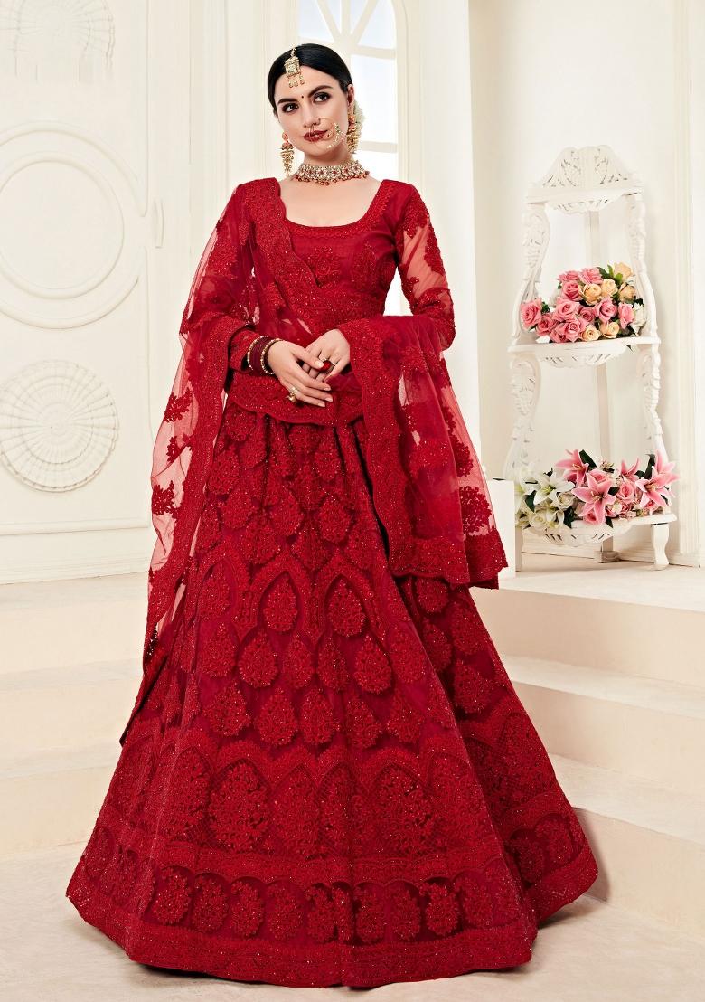 Maroon Embroidered Net Lehenga Set