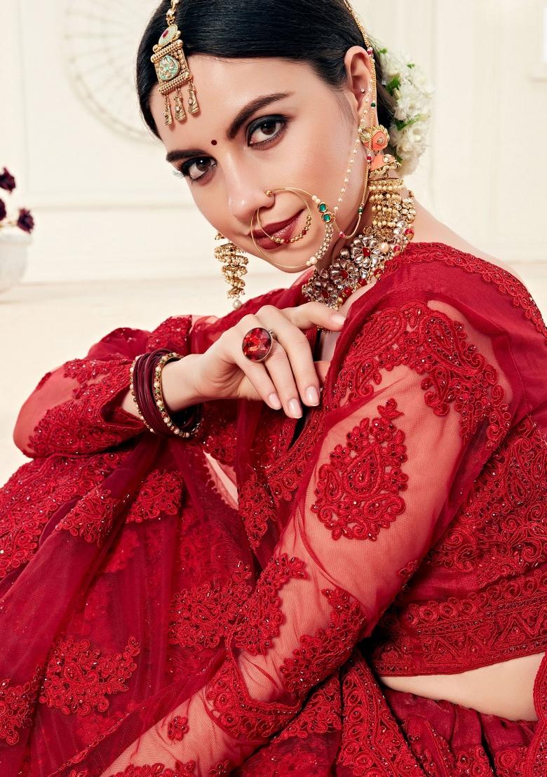 Maroon Embroidered Net Lehenga Set