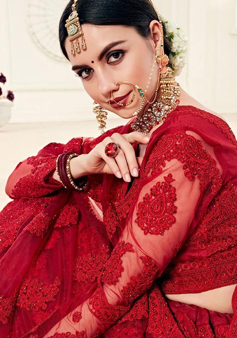 Maroon Embroidered Net Lehenga Set