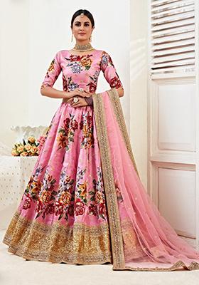 Pink Embroidered Satin Lehenga Set