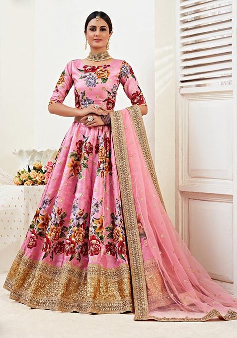 Pink Embroidered Satin Lehenga Set