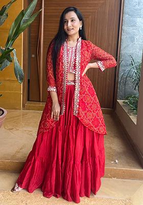 Red Embroidered Chinon Lehenga Set