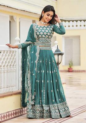 Teal Blue Embroidered Georgette Lehenga Set