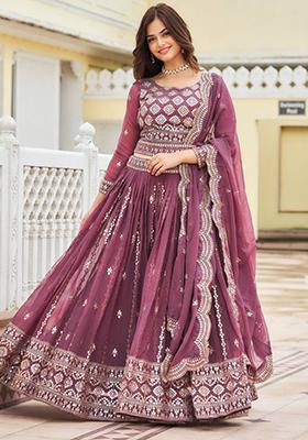 Onion Pink Embroidered Georgette Lehenga Set