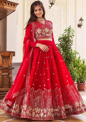 Red Embroidered Georgette Lehenga Set