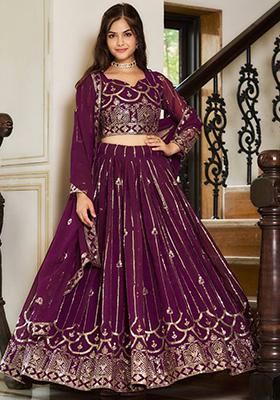 Wine Embroidered Georgette Lehenga Set