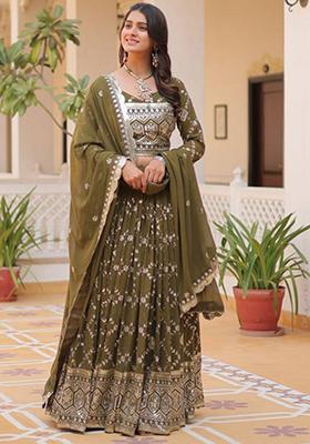 Mehendi Green Embroidered Georgette Lehenga Set