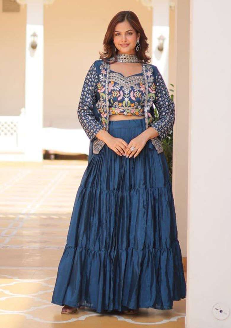 Rama Green Embroidered Chinon Lehenga Set - Indya