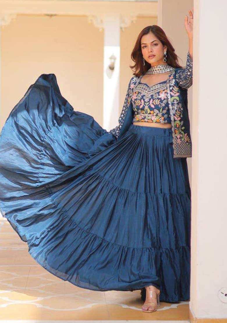 Rama Green Embroidered Chinon Lehenga Set - Indya